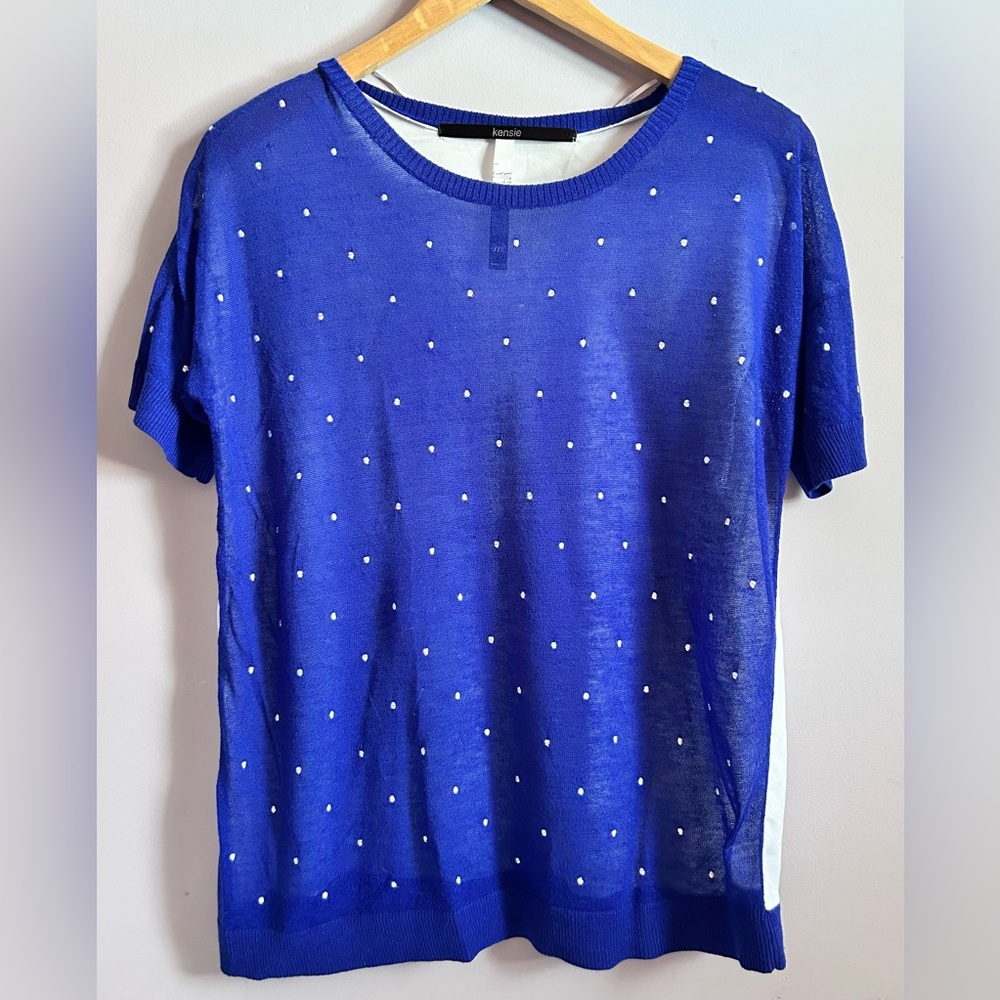Kensie Blue Polka Dot Short Sleeve Sweater Top Size Medium